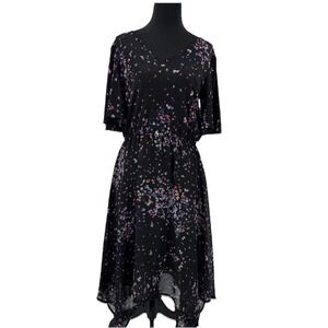 Romantic medium Black Confetti Floral Midi Dress Flutter Sleeve High Low Boho